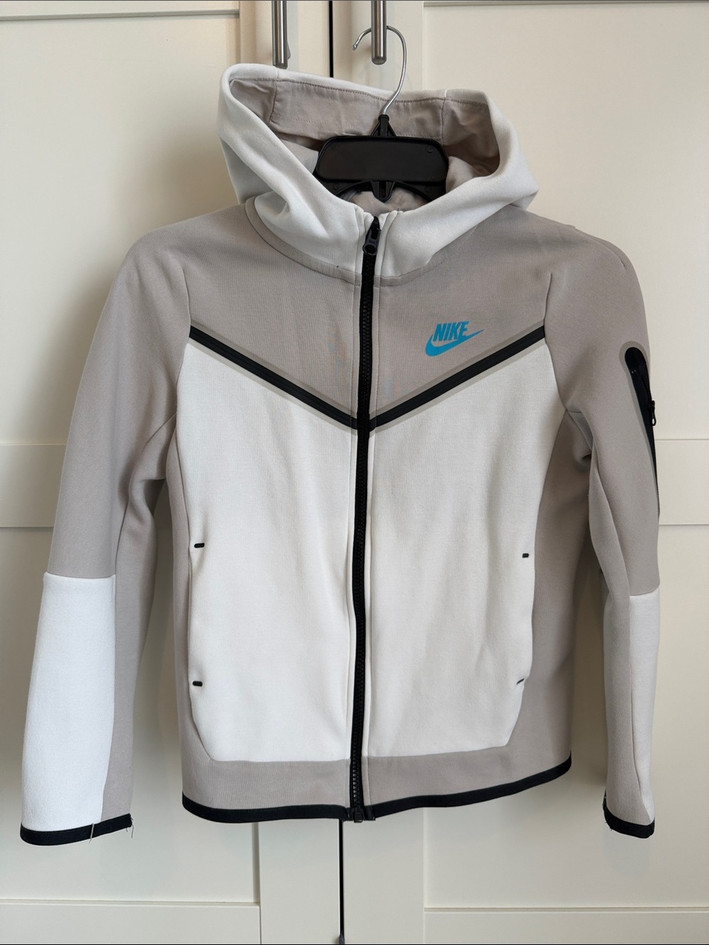 Nike Tech White and Light Gray Zip Hoodie with Teal Swoosh Medium